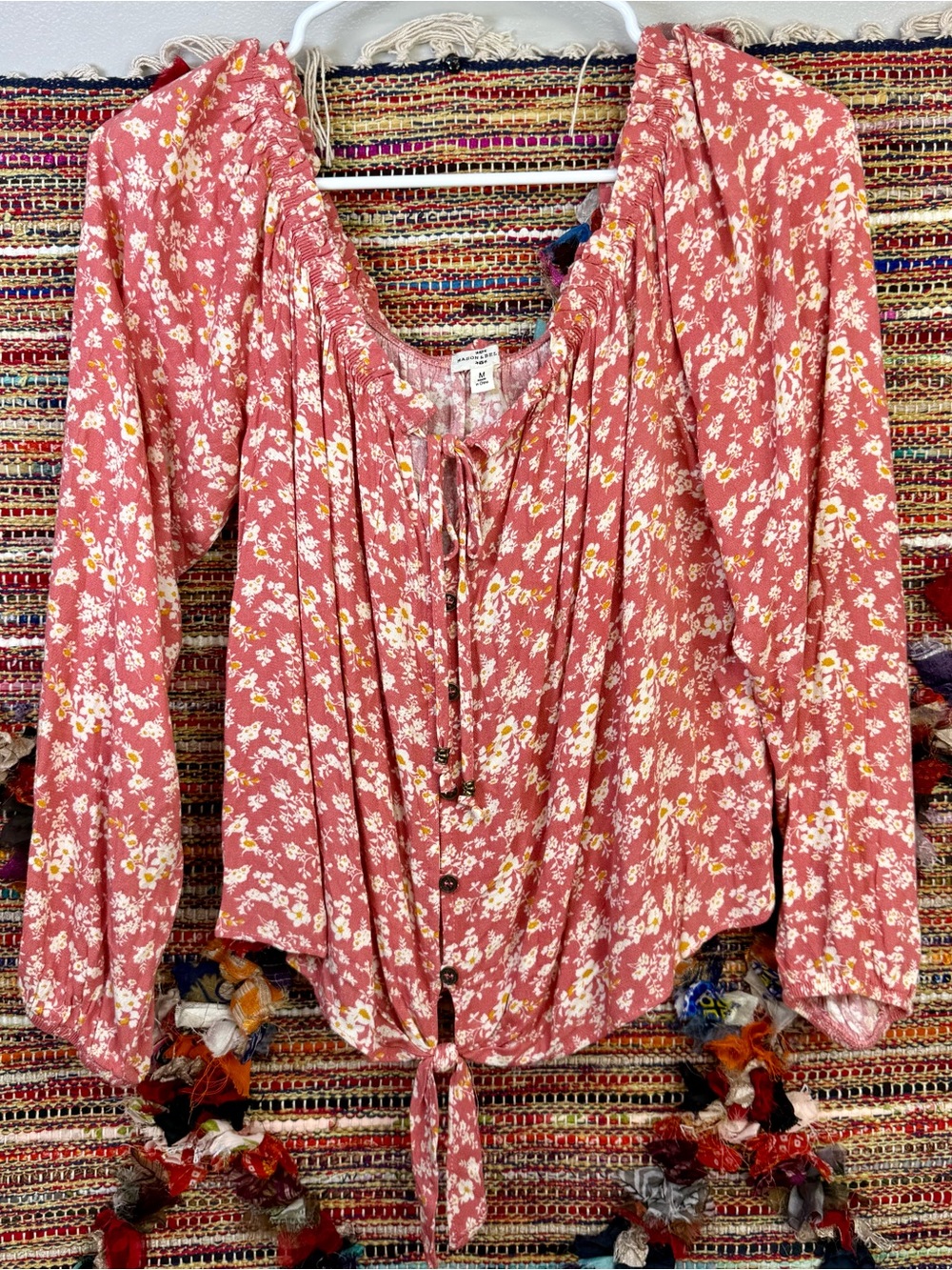 Mason & Belle Tie-Front Floral Peasant Blouse - Dusty Rose size Medium